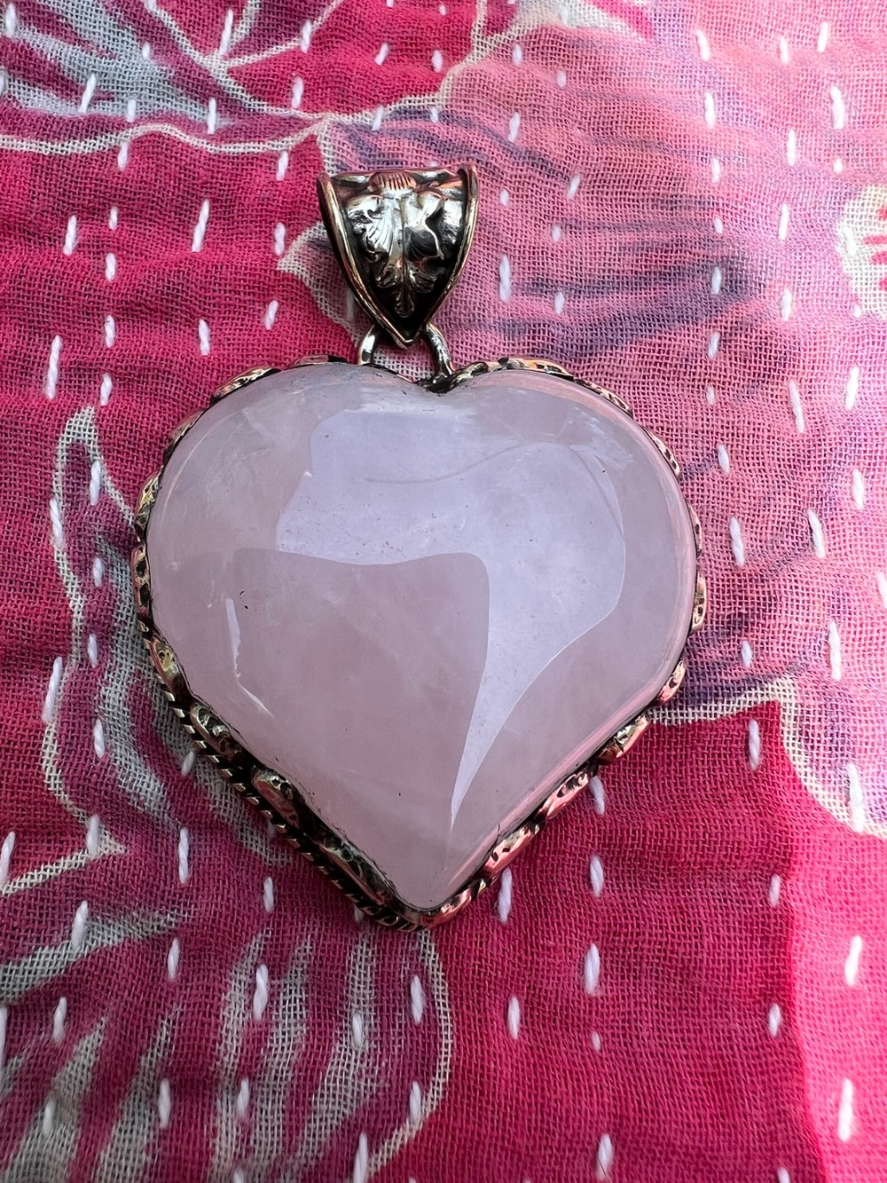 Tibetan Silver Heart -Shaped Rose Quartz Pendant
